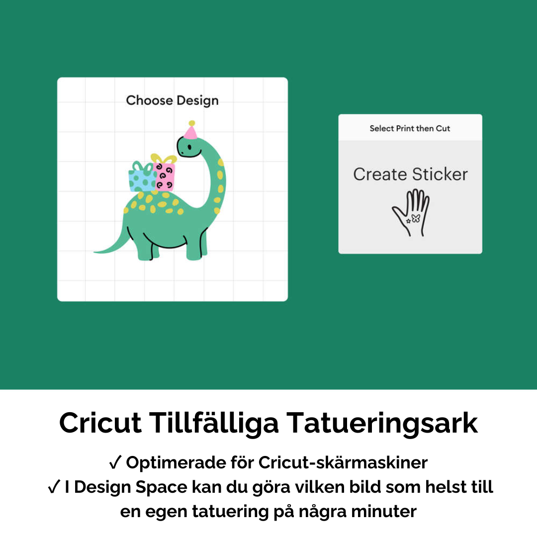 Skärmbilder från Cricut Design Space som visar hur man skapar en egen tatuering.