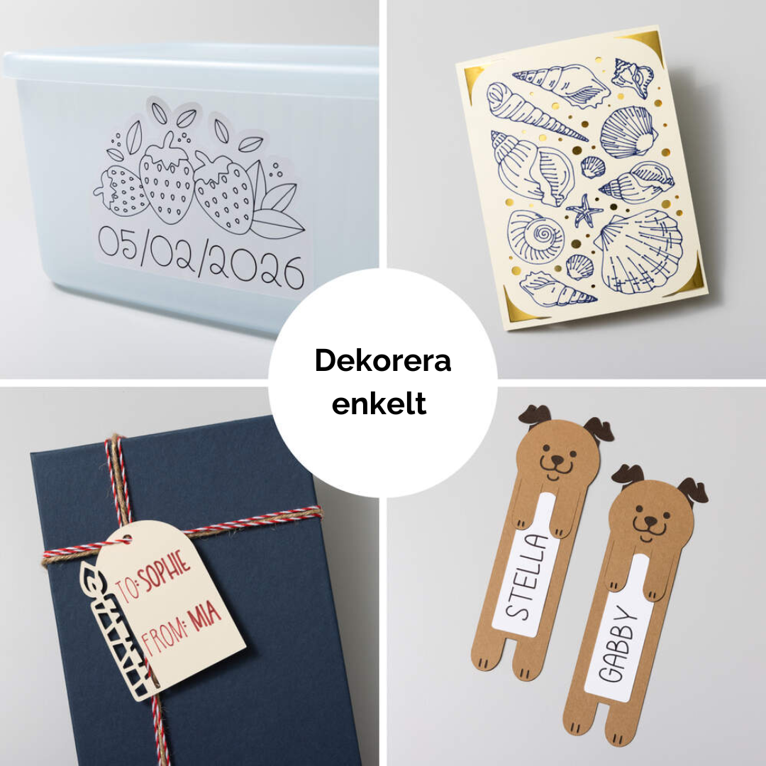 Exempel på projekt med Cricut Joy Dual-Sided Markers – etiketter, kort och personliga dekorationer.