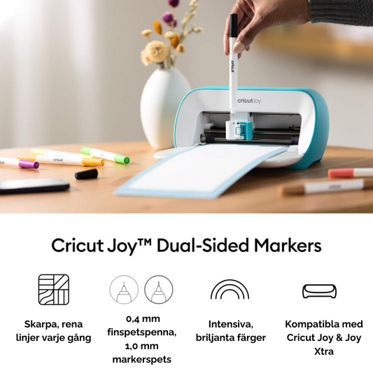 Funktioner för Cricut Joy Dual-Sided Markers – skarpa linjer, dubbla spetsar, intensiva färger och kompatibilitet med Cricut Joy & Joy Xtra.