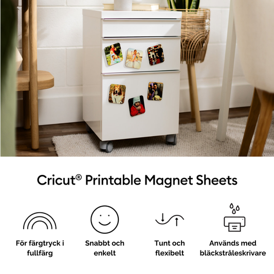 Färgglada fotomagneter skapade med Cricut Printable Magnetic Sheets.