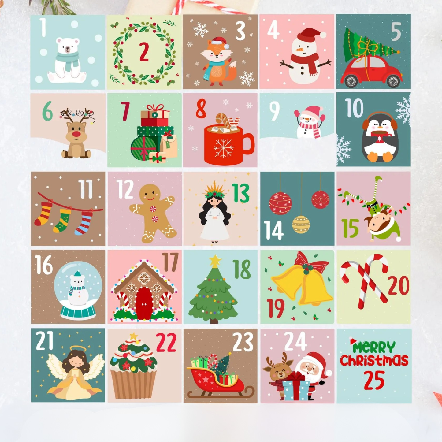 Utskrivbara julkalenderetiketter 1–25 med söta julmotiv – adventskalender DIY att skriva ut hemma