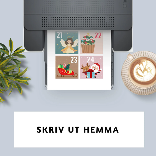 Printbara julkalenderetiketter med julmotiv som ängel, cupcake, tomte och ren – skriv ut hemma på A4-papper