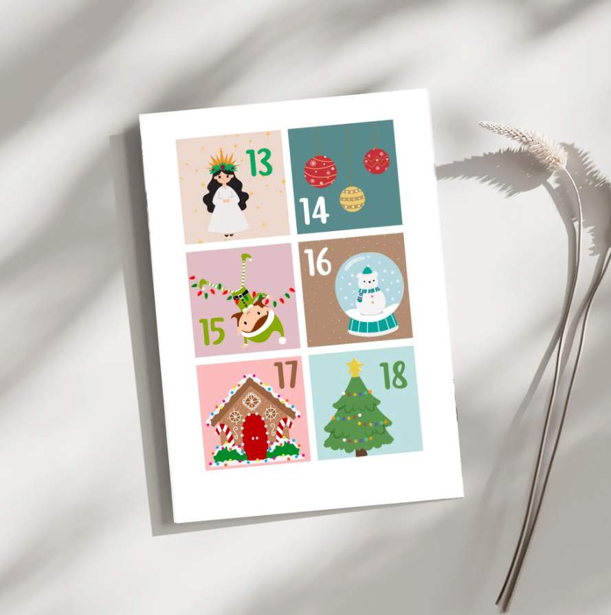 Utskrivbar sida med julkalenderetiketter 13 till 18 – Lucia, julkulor, tomtenisse, snöglob, pepparkakshus och julgran