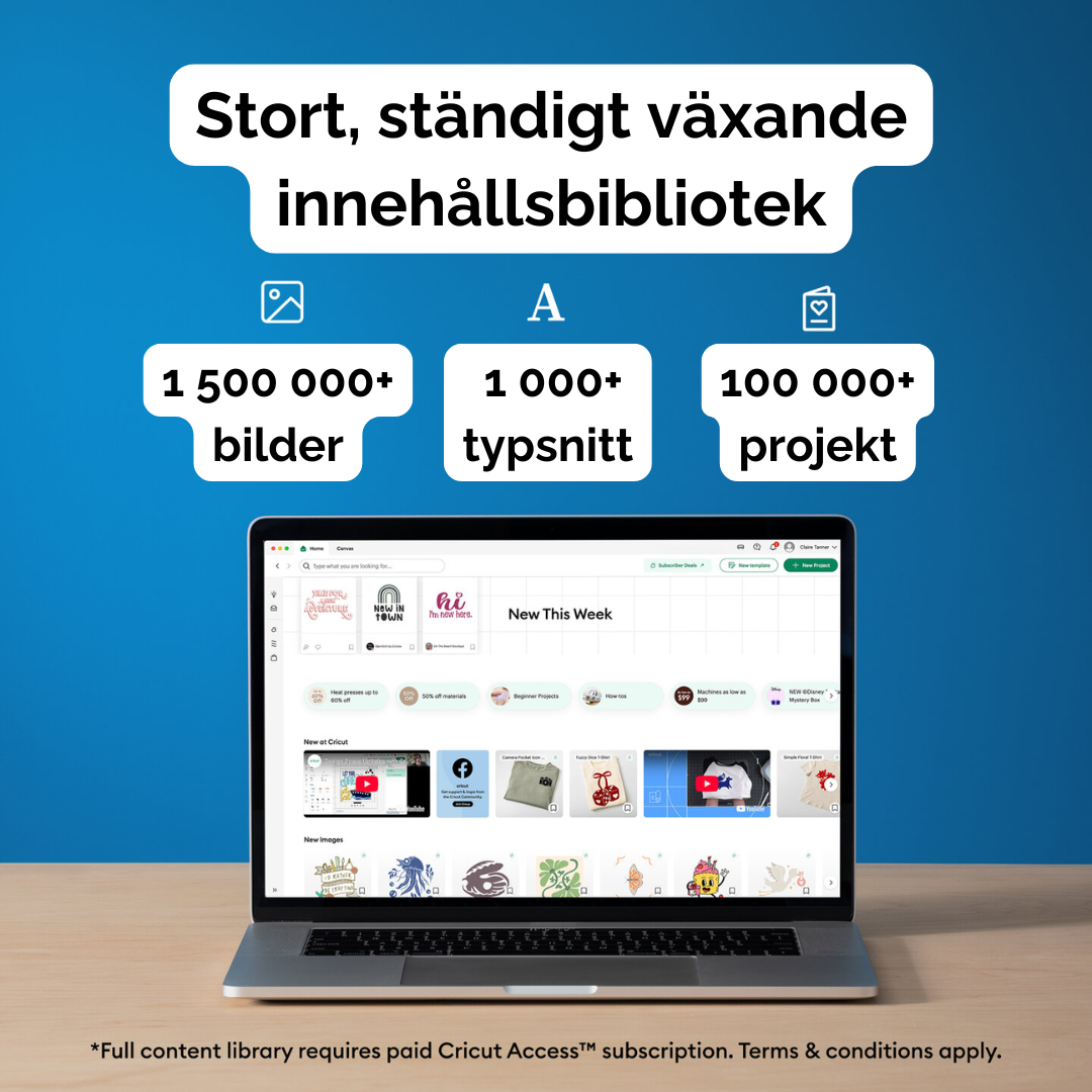 Cricut Design Space innehållsbibliotek med bilder typsnitt och projekt