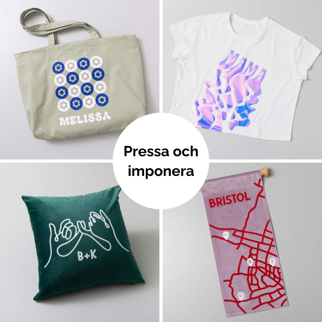 Exempel på projekt skapade med Cricut EasyPress SE Slate Blue värmepress