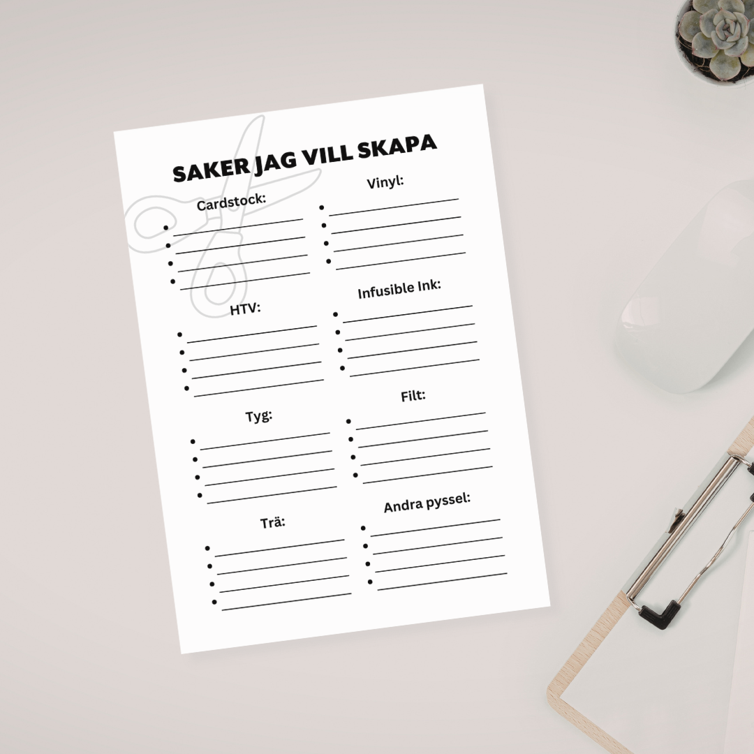 Lista med idéer för Cricut projekt – skriv ner vad du vill skapa inom vinyl, HTV och pyssel