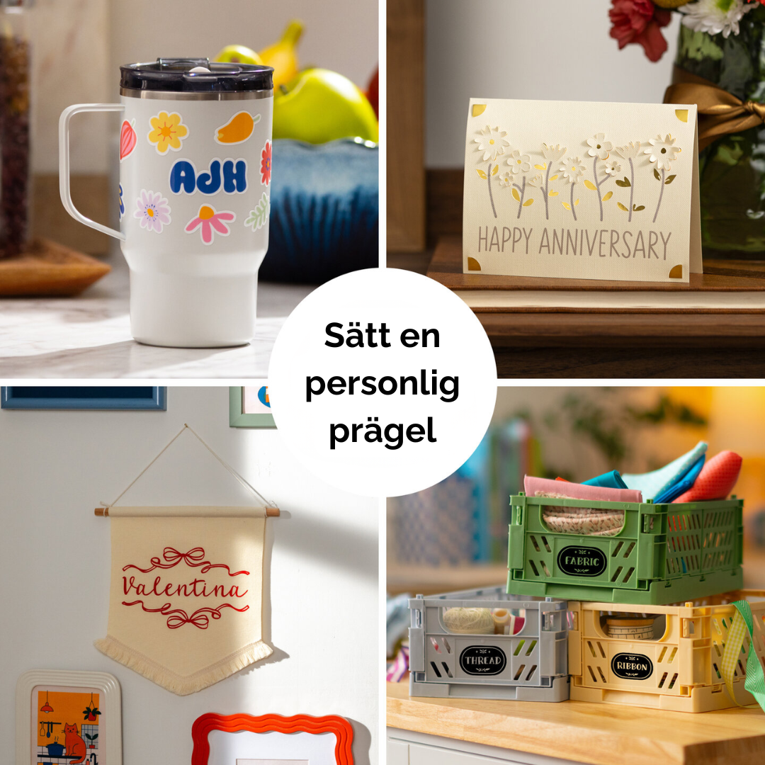 Exempel på personlig prägel med Cricut Joy 2 på mugg kort och förvaring