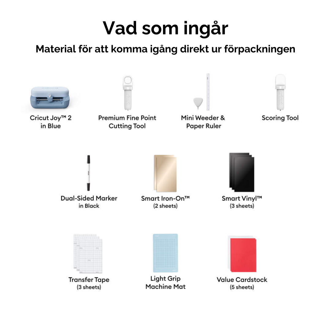 Cricut Joy 2 skärmaskin i blå med medföljande tillbehör och material