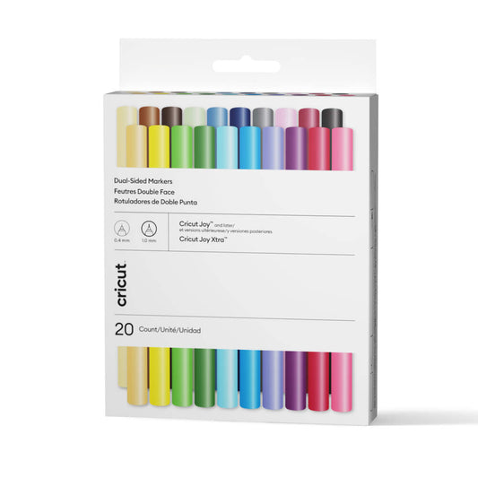 Förpackning med Cricut Joy Dual-Sided Markers, 20 färgglada pennor med finspets och markerspets.