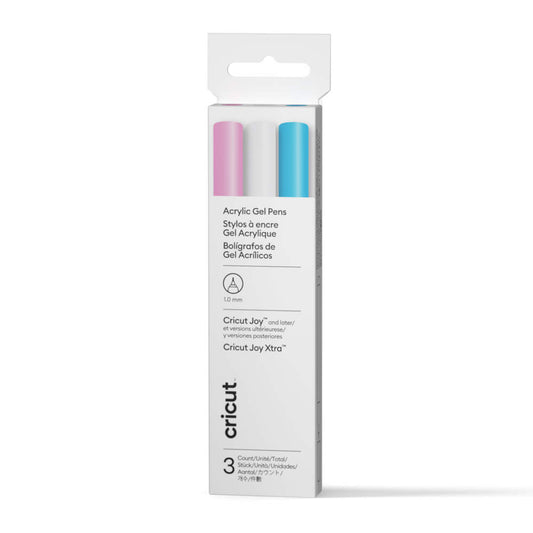 Förpackning med Cricut Joy Opaque Acrylic Pens, 3-pack i färgerna vitt, rosa och blått.