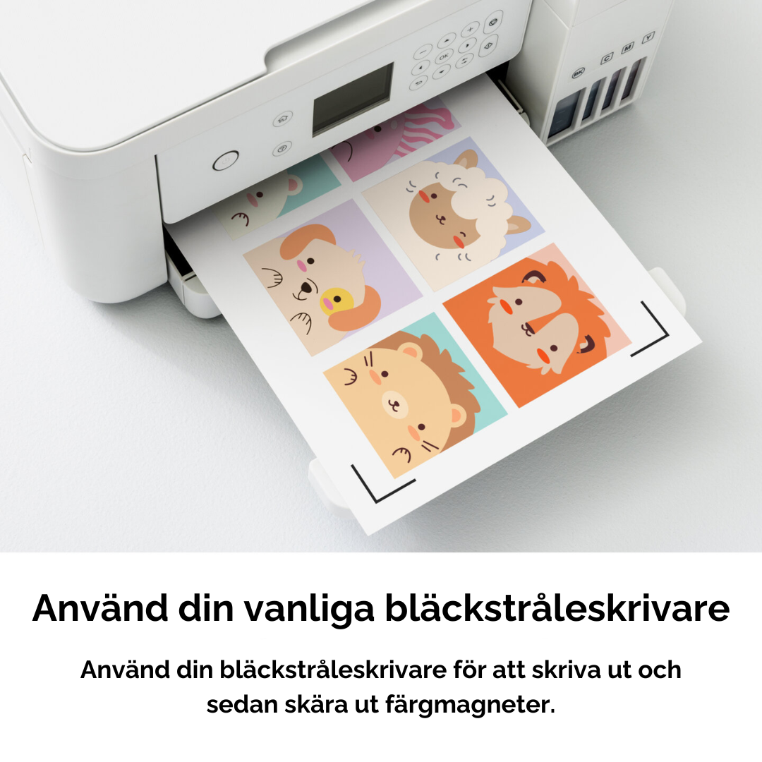 Magnetark med färgglada motiv skrivs ut i bläckstråleskrivare.