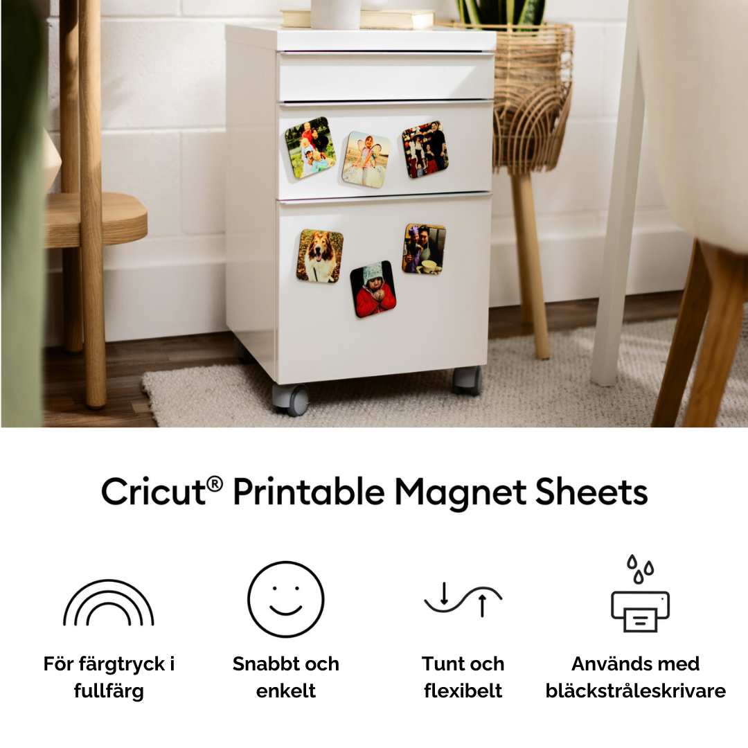Färgglada fotomagneter skapade med Cricut Printable Magnetic Sheets.