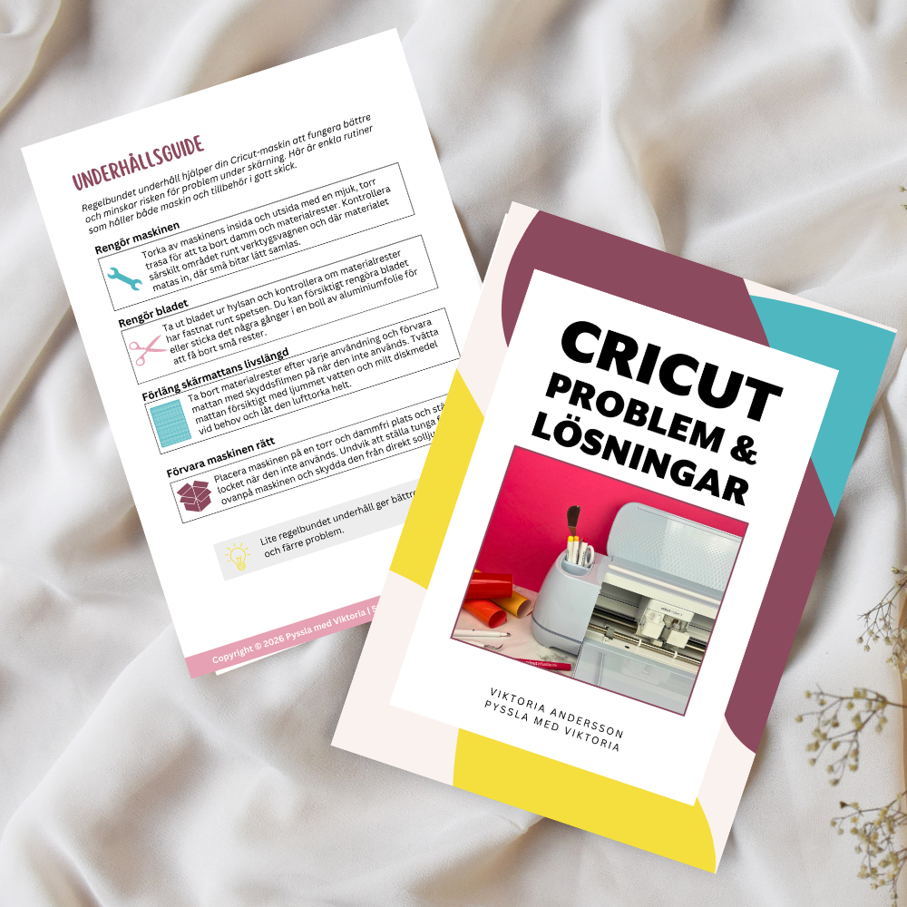 Omslag och inre sidor från e-boken Cricut Problem och Lösningar med felsökningsguider och underhållstips.