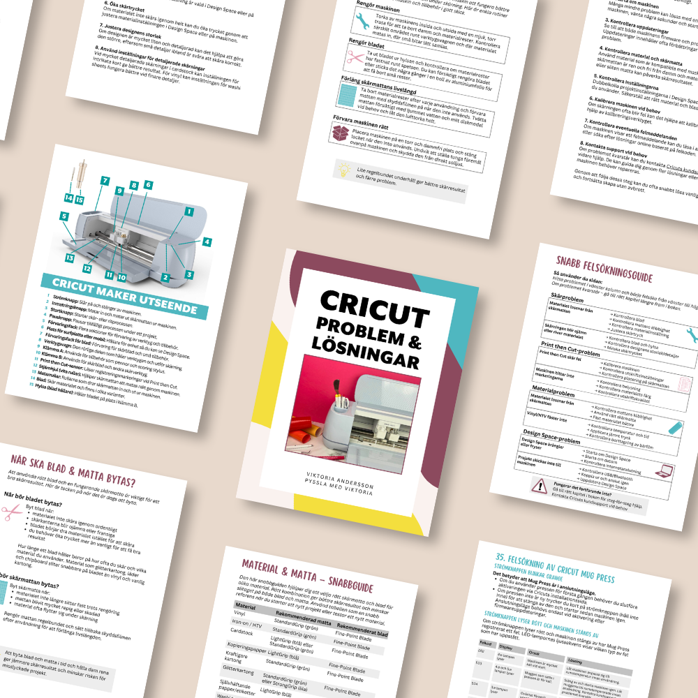 Uppslag ur Cricut Problem och Lösningar som visar snabbguider, materialöversikt och felsökningssidor.