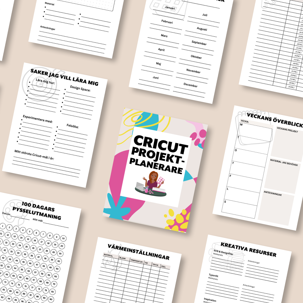 Översikt av alla sidor i Cricut projektplanerare – kalender, veckoplanering, materiallista och mål