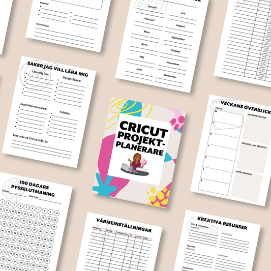 Översikt av alla sidor i Cricut projektplanerare – kalender, veckoplanering, materiallista och mål