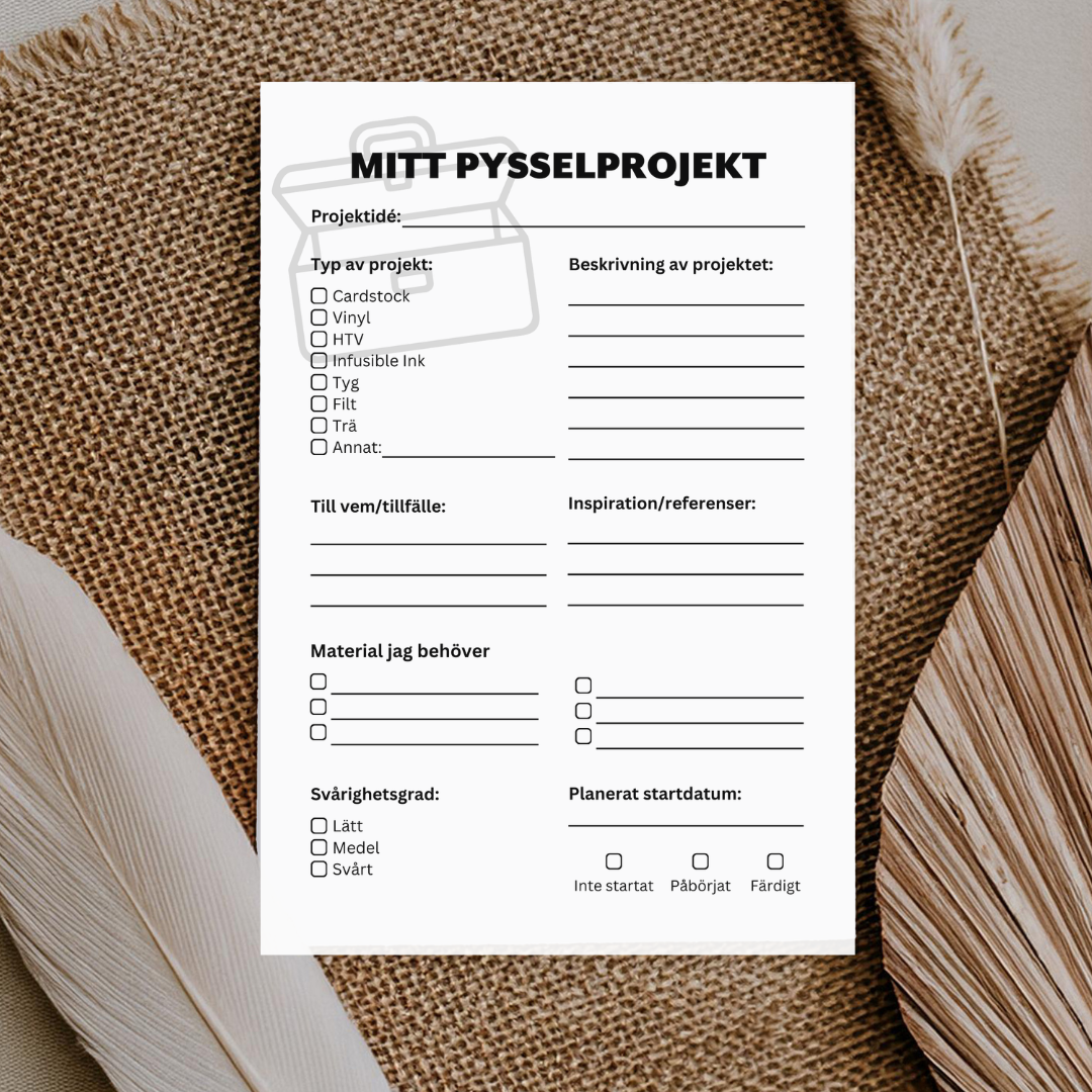 Mall för att planera Cricut pysselprojekt – material, svårighetsgrad och projektidé