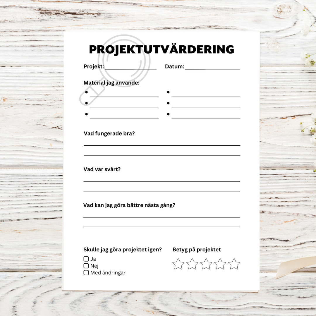 Projektutvärdering sida för Cricut projekt – analysera vad som fungerade och förbättra dina pyssel