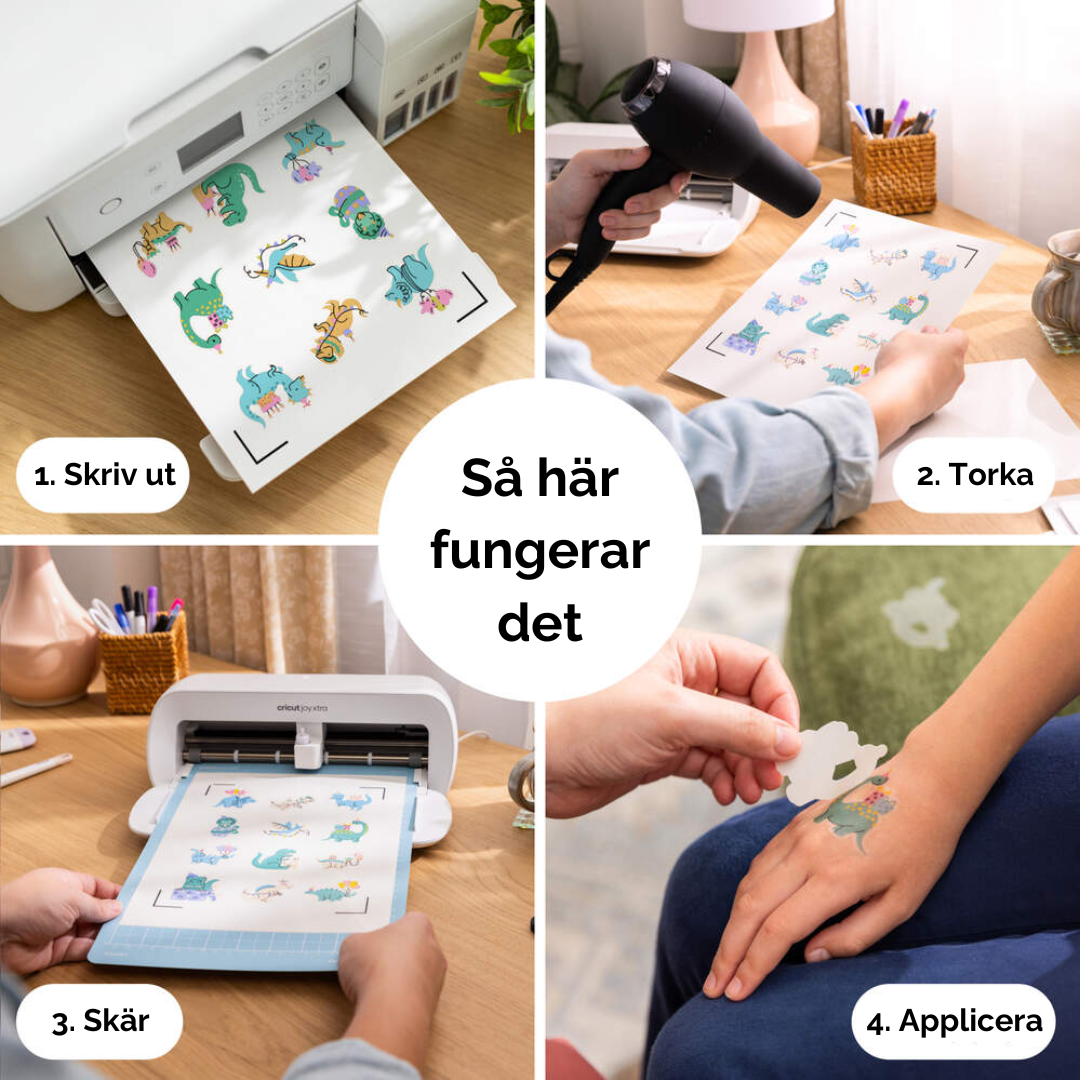 Steg-för-steg-bilder som visar hur man skriver ut, torkar, skär och applicerar Cricut-tillfälliga tatueringar.