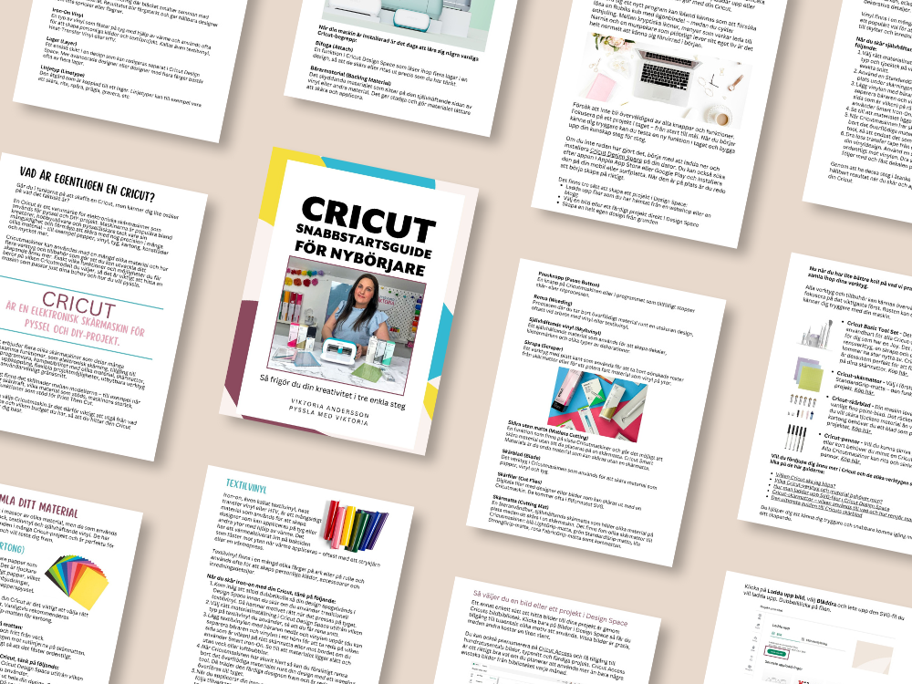 Översikt av flera sidor ur Cricut Snabbstartsguide för nybörjare – enkel svensk guide för Cricut.