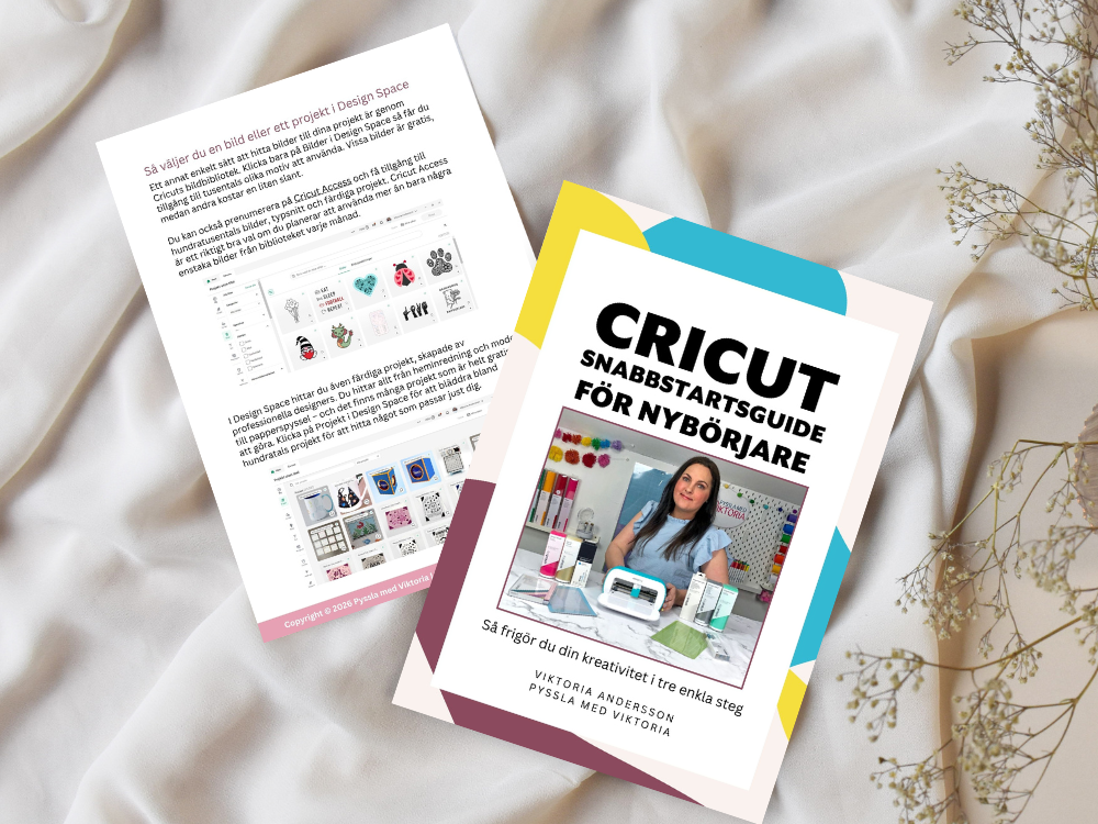 Två uppslag ur Cricut Snabbstartsguide för nybörjare – visar innehållet i den svenska e-boken.