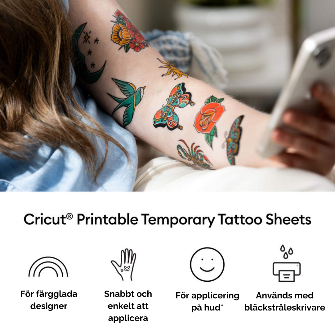 Person med färgglada temporära tatueringar gjorda med Cricut-tatueringsark.